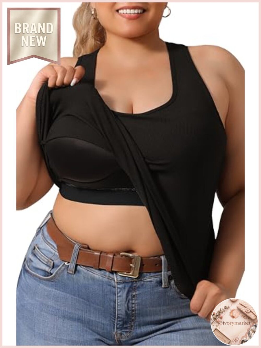 Plus Size Racerback Tank Top with Built-In Bra Curved Hem Ribbed Knit Women's